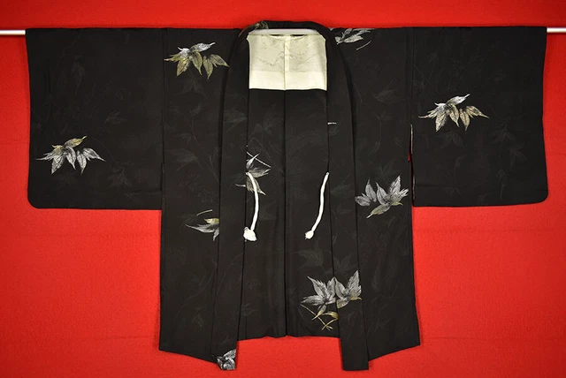 Vintage Japanese Kimono Silk Antique BORO Black HAORI Kusakizome Woven/B774/450