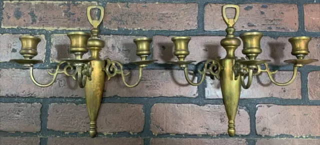 Vintage Pair of Brass Triple 3 Arm Candle Wall Sconce Candlestick Holder