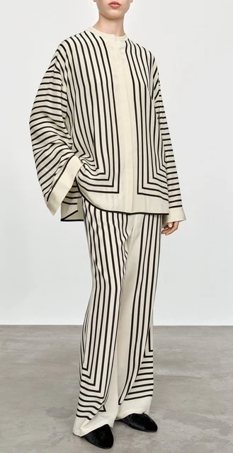 Toteme Round Neck Silk Striped Shirt Top  / Wide Leg Pants  for Women