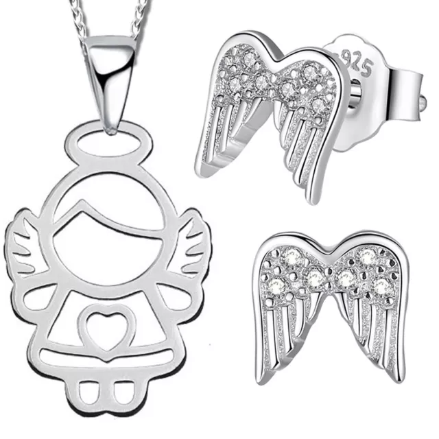 Schmuck-Set echt 925er Silber Halskette mit Ohrstecker Schutz-Engel Ohrringe