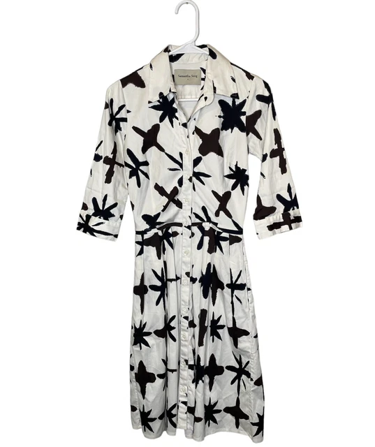 Samantha Sung Audrey Shirtdress White/Navy/Brown Print Stretch Cotton Size 0