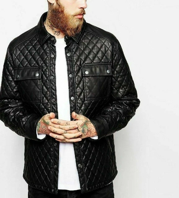 Men genuine lambskin leather Hipster Shirt Style Button Biker Black Coat Jacket