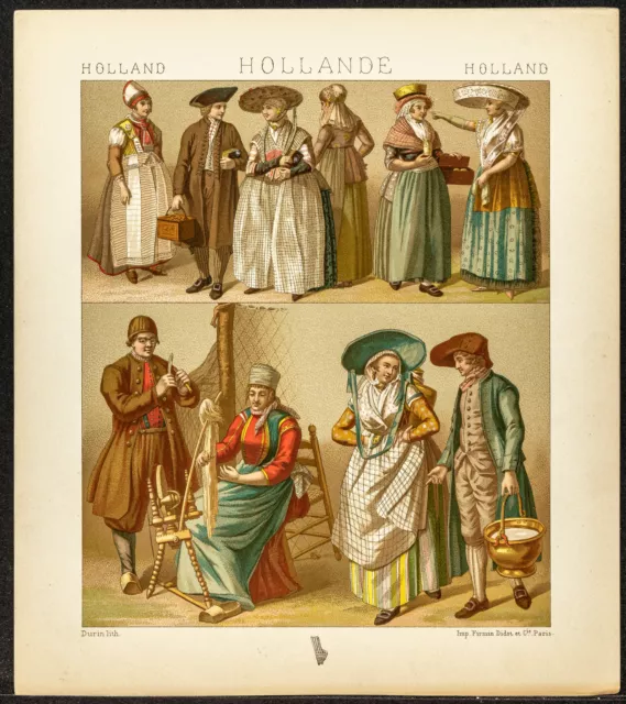 1890 - Hollande - Costumes populaires du 19ème siècle - Lithographie ancienne