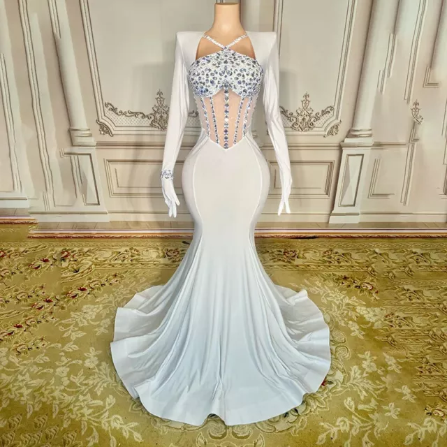 Women Sparkly Rhinestones Long Dress with Gloves Singer Stage Wear Prom Dresses