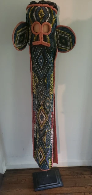 Vintage Mask Elephant Beaded Bamileke Tribal Cameroon on metal and wood pedestal