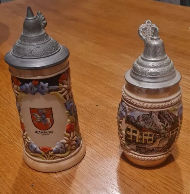 Two Vintage German Beer Stein Tankards Marburg & Mittenwald Very Good Condition