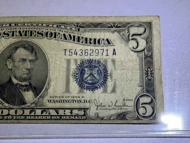 U. S. 5.00 Silver Certificate Note Series 1934 - D  Blue Seal  T54362971 A 2