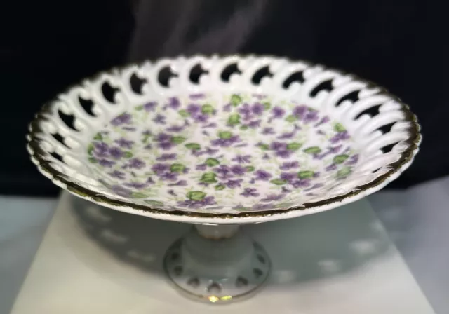 Lefton Porcelain Purple Chintz Compote Pedestal Reticulated Serving Dish NE650V