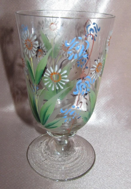 Antico Vetro Da Decoro Floreale Smaltato Bianco Fiori Blu