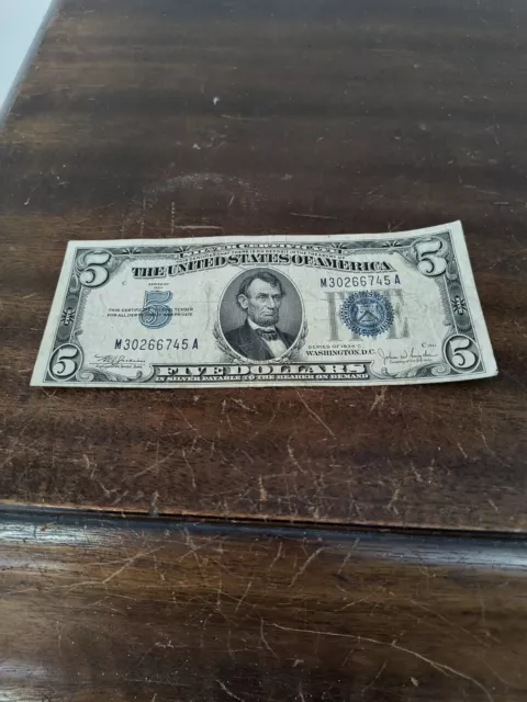 Blue Seal 5 Dollar Bill Real  Dated 1934 Very Cool.90 Years Old.Good Item.