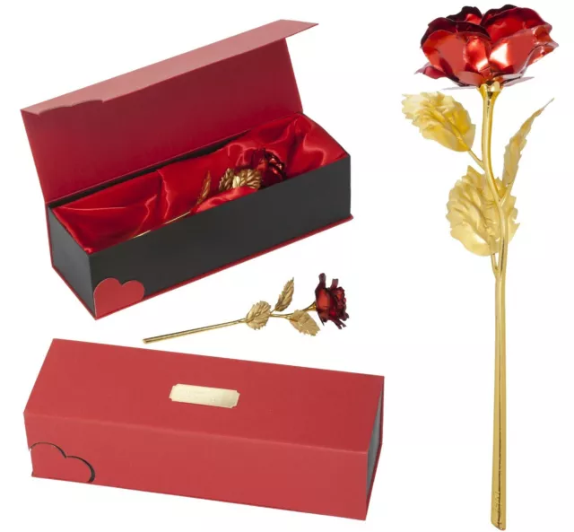 ROT Vergoldete Goldene Gold Ewige Rose + GRAVUR Valentinstag Geburtstag Geschenk