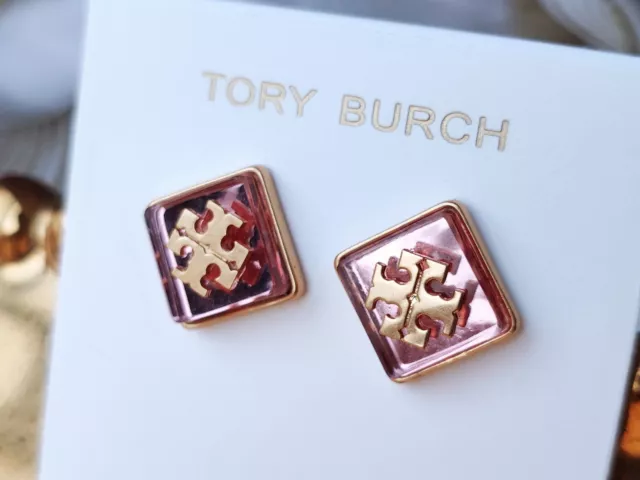 ❣️ TORY BURCH Resin Logo Stud Earrings Gold / Pink ❣️