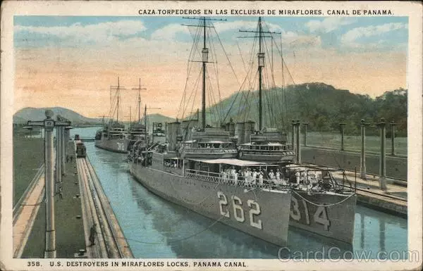 1929 US Destroyers in Miraflores Locks,Panama Canal I.L. Maduro Jr. Postcard