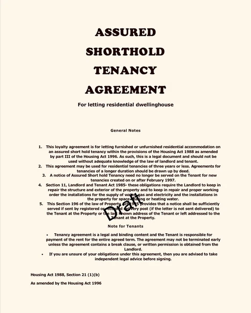 ASSURED SHORTHOLD TENANCY Document- Actual Agreement, X2 Copies Free P ...
