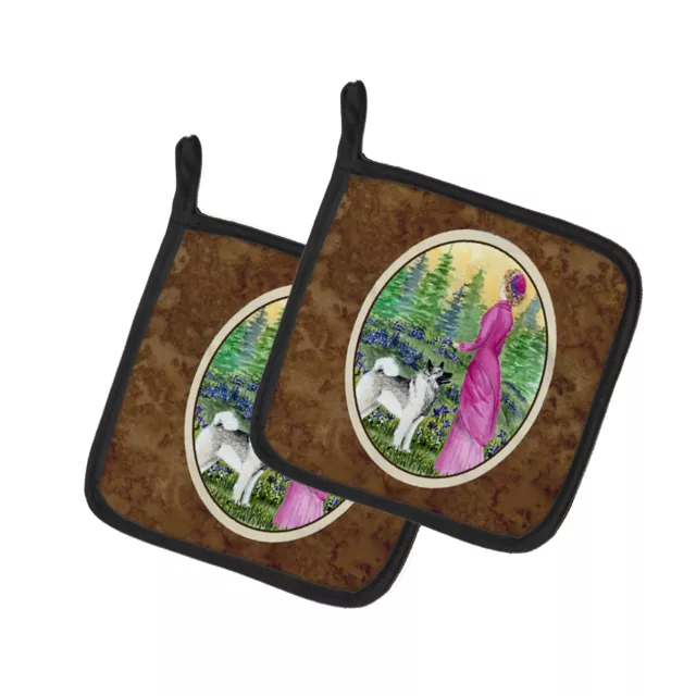 Lady with her Norwegian Elkhound Pair of Pot Holders SS8154PTHD