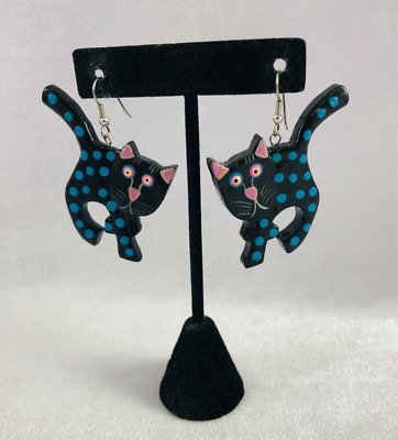 Handpainted Black Cat Pink Blue Dotted Wooden Earrings