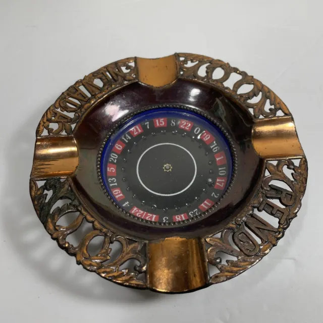 Vintage Spinning ROULETTE WHEEL Ashtray Works Reno Nevada Push Button Spin Brass