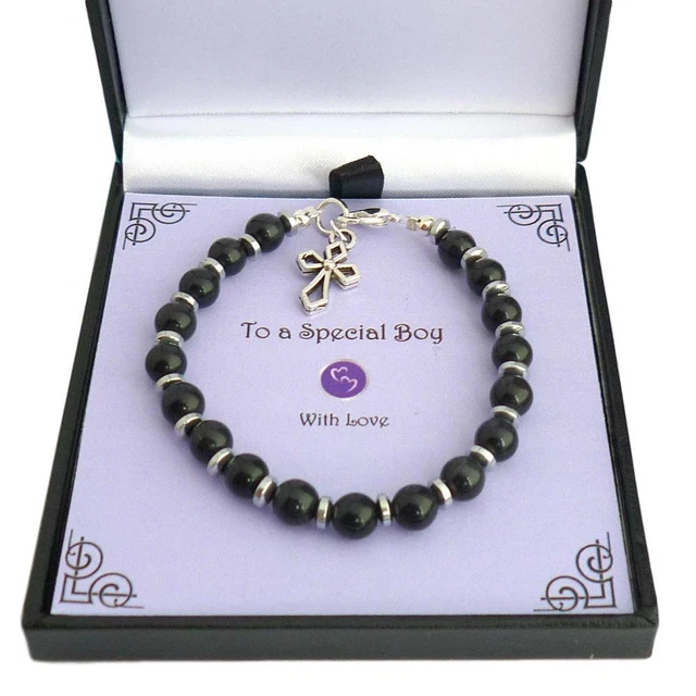 Bracelet Garçon Avec Croix En Cuir Et Acier - Pour Communion, Baptême - Fait Main - Boîte Cadeau