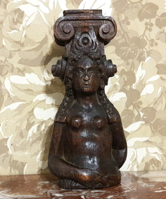 17 th c Caryatid carving corbel bracket - French antique architectural salvage .