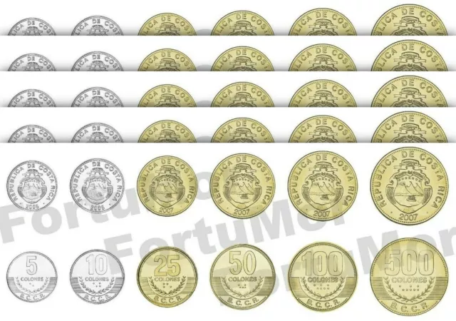 Costa Rica 5 (x) 6 Coins SET, 5 10 25 50 100 500 Colones, UNC,2001 2008,(30 PCS)