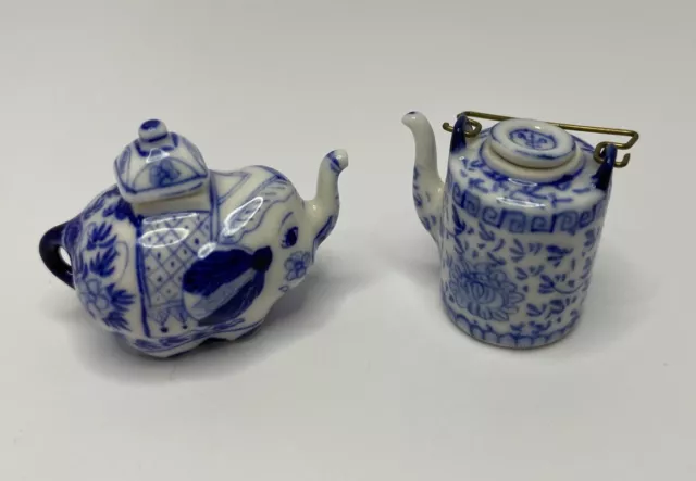 2 X Fine China Blue White Tea Pots Elephant Georgian Dolls House Accessories