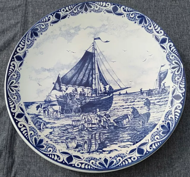 Grand Plat 40 Cms En Faience De Delfts Blauw Decor Peche Mer Navire