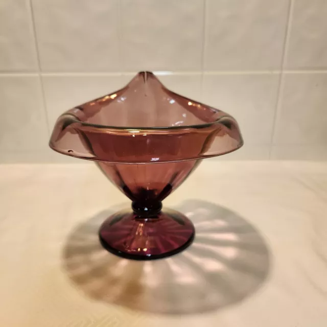 Vintage Art Glass Amethyst Purple Fold Over Pedestal Vase - Art Deco