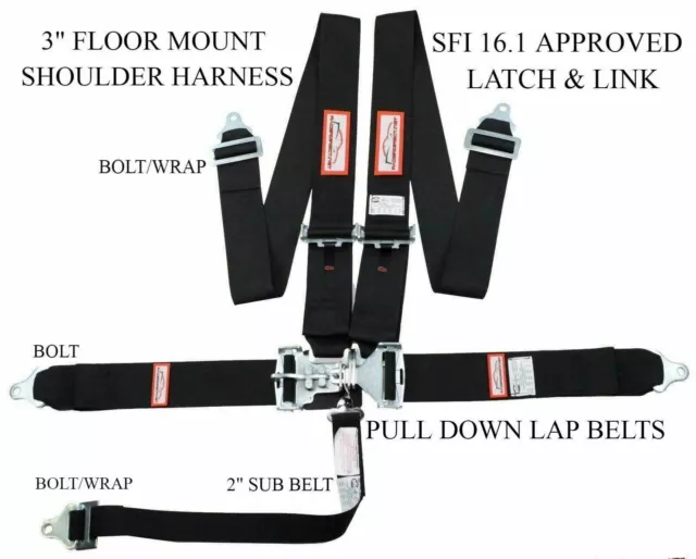 Racing Harness 5 Point Sfi 16.1 Latch & Link 3" Floor Mount Bolt In Black