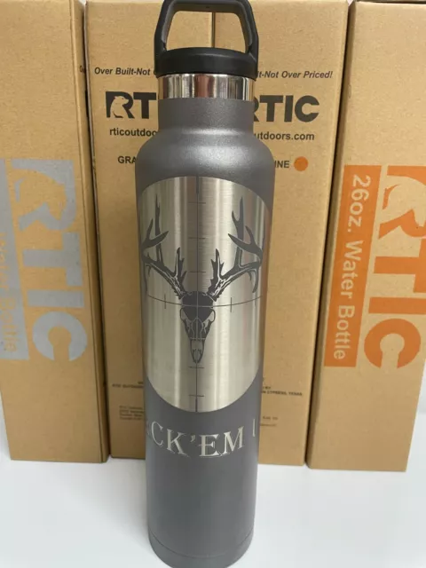 26oz. RTIC Water Bottle with laser etched deer skull in scope reticle "WRACK'EM