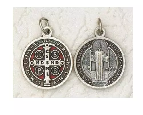 St.Benedikt Medaille Silberton / Br + Rd Emaille - 3.2cm - Hergestellt IN