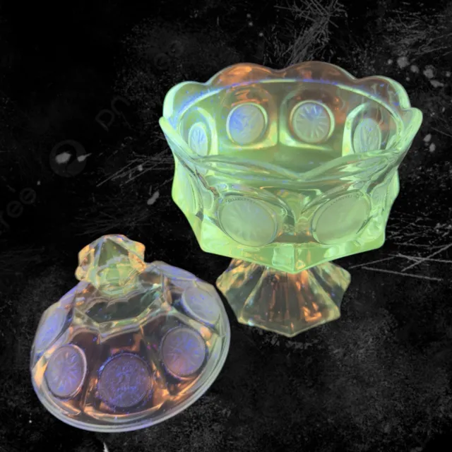 Fostoria Coin Glass Clear Wedding Bowl Candy Dish Manganese 365nm Green UV Glow