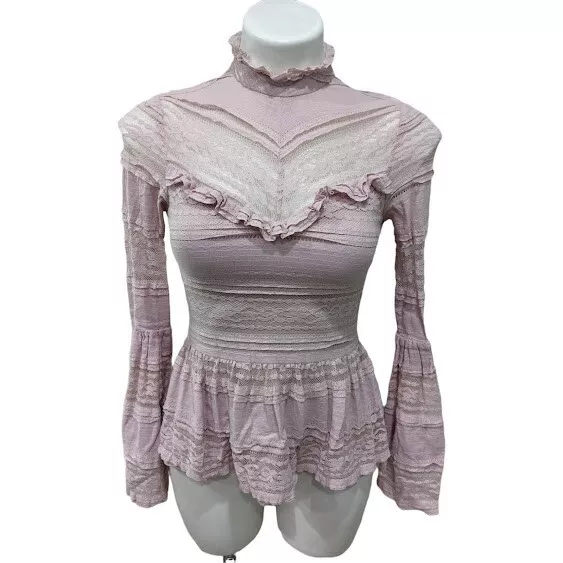 Parker Size XS Monique Blouse Peplum Pink Lace Ruffled Mock Neck Bell Sleeves