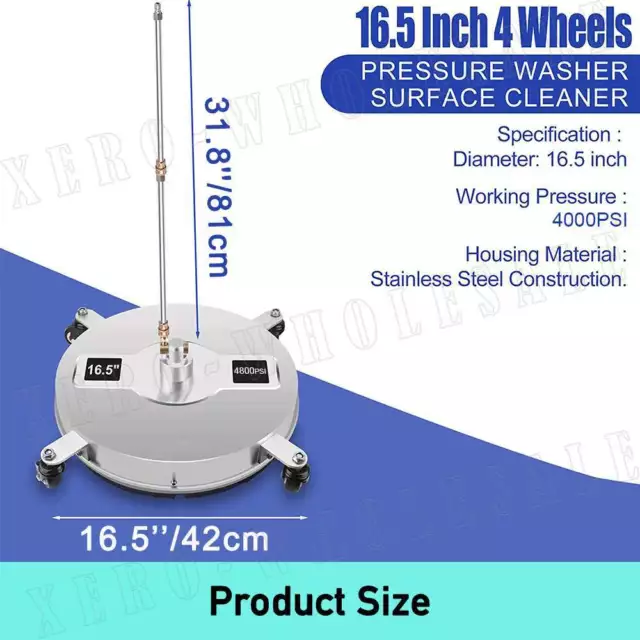 16.5" Pressure Washer Surface Cleaner Stainless 1/4" Quick Connector W/ 4 Wheel