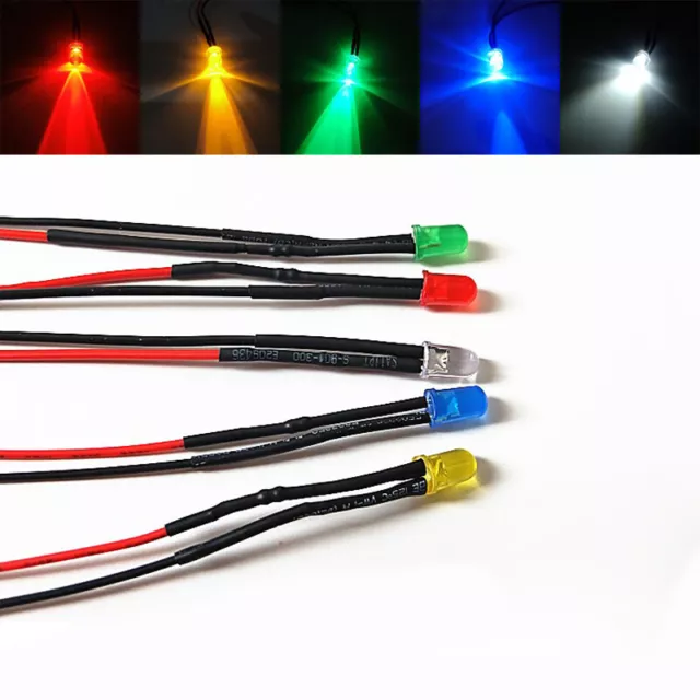3mm Pre-Wired Ultra Bright LEDs Bulb 2V 3V 12V~ 220V White/Red/Green/Blue/Yellow