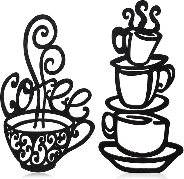 2 Pieces Coffee Cup Wall Decor Black Coffee Cup Silhouette Wood Wall Art Cafe Th