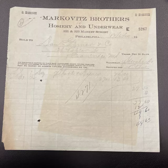 Markovitz Brothers Hosiery Underwear Receipt Market Street Philadelphia 1920