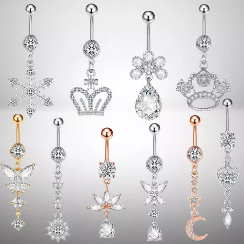Stainless Steel Crystal Crown Belly Button Rings Piercing Bar Navel Dangle Body