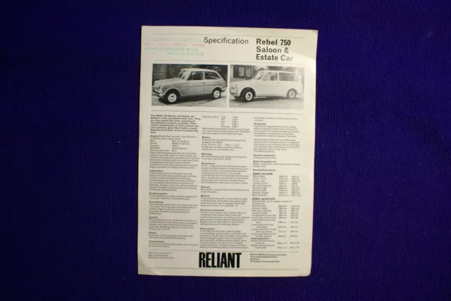 Reliant  Rebel 750 Saloon Estate Car Advertising Sales Flyer Leaflet Oct 1972