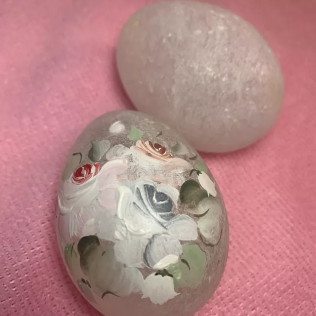 White Frosted Alabaster Easter Egg~ 1 Hand Painted Pink Roses ~ 1 Plain Egg