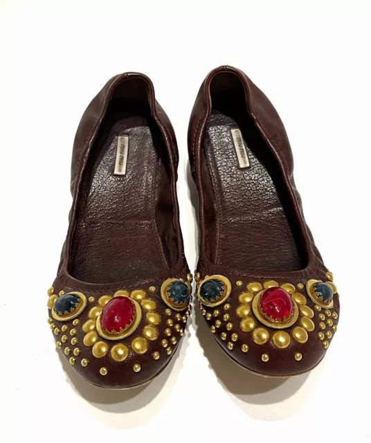 MIU MIU - VTG Jeweled Colored Mogul Cabochon Brown Leather Slipper Flats 8.5 39