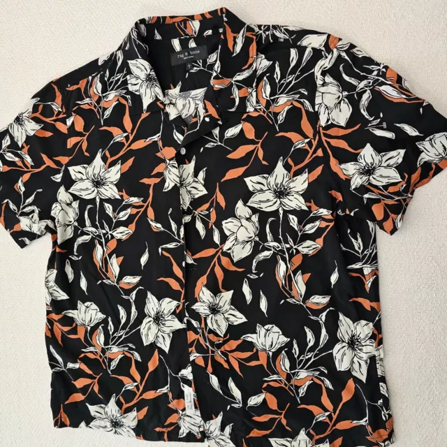 Rag & Bone Avery Floral Print Short Sleeve Shirt Size L Black Casual Beach