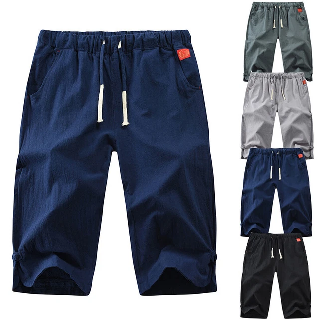 Mens Cotton Linen Shorts Summer Beach Casual Drawstring Loose Short Pants