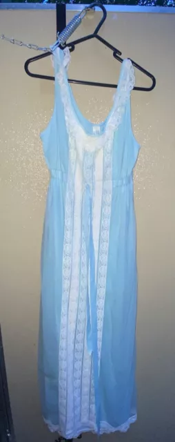 Vintage Mary Barron Night Gown Sleepwear Medium Blue Sheer With Lace Trim Nylon