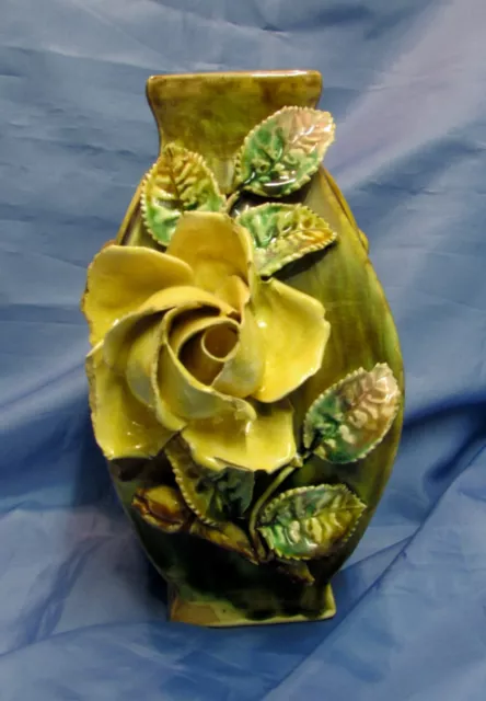 Antique 8 inch Art Nouveau Barbotine Majolica Square Vase Pink Yellow Roses 3D  3