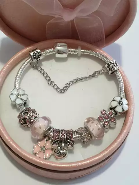 Bracciale donna argento platinato 925  con charms fiorellini rosa 2