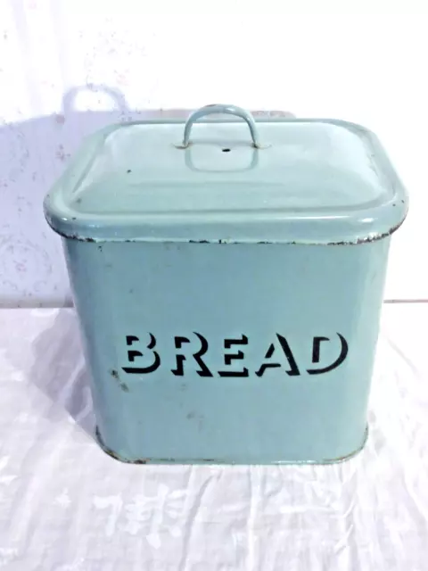 Vintage Lidded Enamel Bread Bin Black Lettering on Green 35cm High