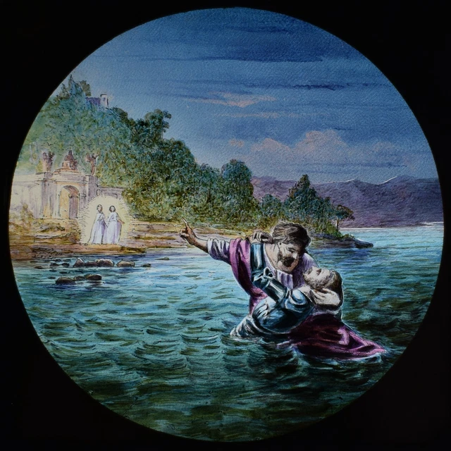 ANTIQUE Magic Lantern Slide PILGRIMS PROGRESS NO96 C1890 CROSSING THE RIVER