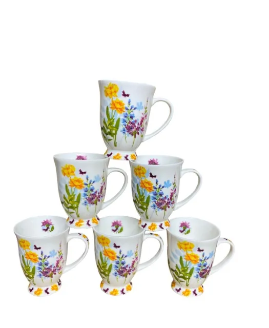 6 Bright Flower Mugs- Fine Bone China Coffee Cup Set 300ml Meadow Fresh