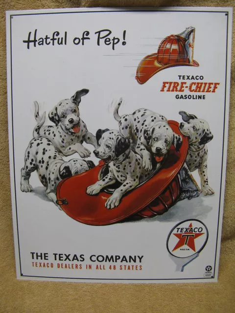 Texaco Gasoline Oil Fire Chief Hat Dalmatian Puppy Tin Metal Sign NEW Made USA