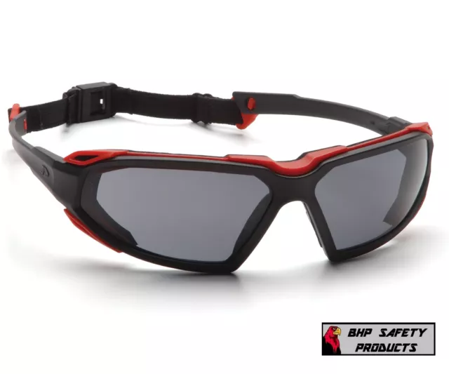 Pyramex Highlander Safety Glasses Gray Anti-Fog Lens Red/Black Frame Sbr5020Dt